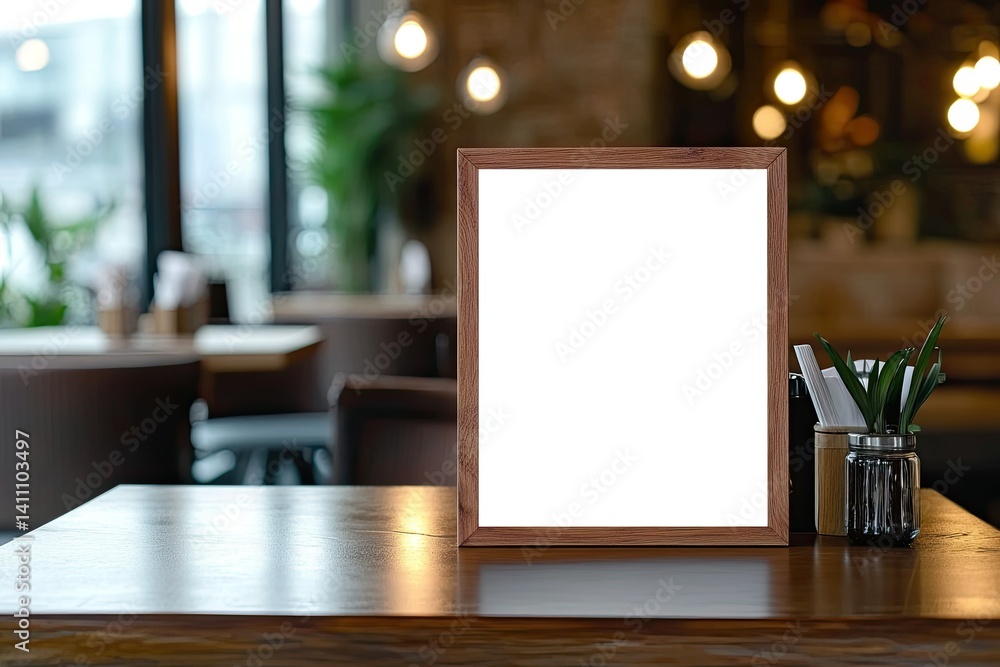 Poster high resolution picture of mock up blank menu frame on table in cafe restaurant