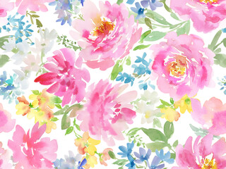 PNG seamless pattern of pink peonies and wild flowers painted in watercolor. A floral wallpaper pattern in watercolor with transparent backgroud . Botanical pattern painted in watercolor for wedding. © Sawango