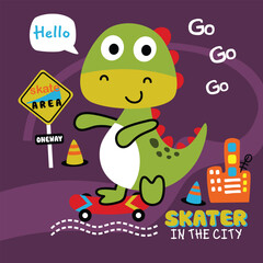 Cartoon dinosaur riding skateboard in urban skate area with traffic signs and city buildings in playful children design. Children concept
