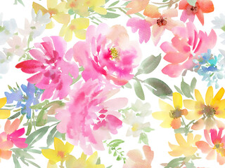 PNG seamless pattern of pink peonies and wild flowers painted in watercolor. A floral wallpaper pattern in watercolor with transparent backgroud . Botanical pattern painted in watercolor for wedding.