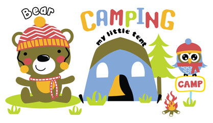 Cartoon bear and owl camping with tent and campfire in cheerful outdoor children illustration with colorful letters. Children concept
