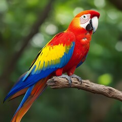 Obraz premium Vibrant Scarlet Macaw Perched on Branch in Lush Green Tropical Foliage