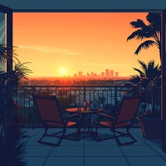 Fototapeta premium Stunning Sunset Balcony with Urban Cityscape and Palm Trees. Cozy Outdoor Setting for Relaxation and Romantic Evenings