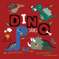 Cartoon dinosaurs with "DINOSAURS" text and volcano
