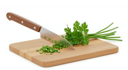 Slicing Fresh Parsley on Wooden Cutting Board