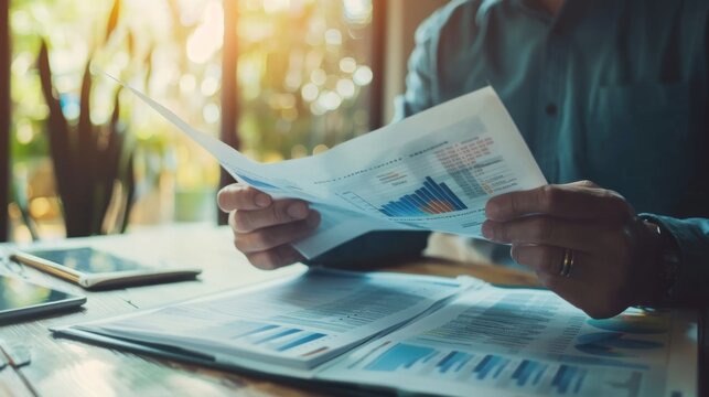 A person flipping through pages of a financial report, analyzing data and trends.