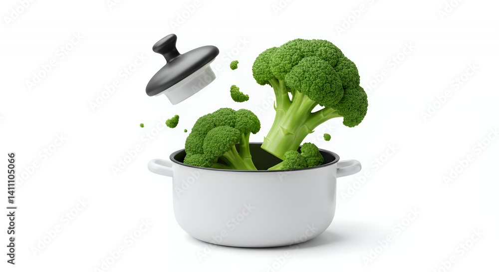 Poster steaming broccoli in white pot 3d rendering