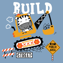 Cartoon zebra driving an excavator with 