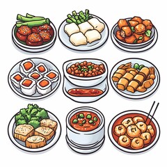 Delicious Asian Cuisine. Dumplings, Dim Sum, and Crispy Rolls on Plates. Diverse Snack Foods and Healthy Eating