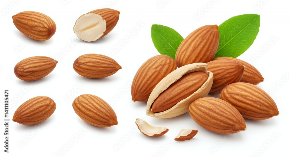 Poster studio shot of almonds with and without shells isolated on white