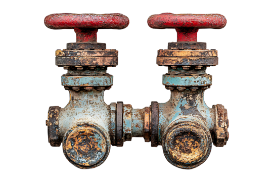 Rusty old industrial valves with red handles isolated on transparent background
