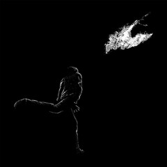 Fototapeta premium Man throwing molotov hand drawing vector isolated on black background.