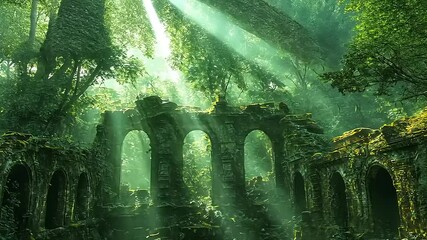 Ancient ruins enveloped in lush green forest light