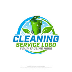 Cleaning Service Logo with Green Trash Can and Eco-Friendly Leaves