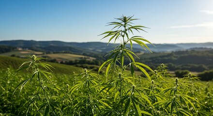 Obraz premium Vibrant Green Hemp Plants in a Rolling Hill Landscape