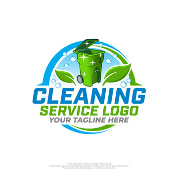 Cleaning Service Logo with Green Trash Can and Eco-Friendly Leaves