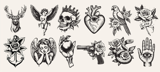 Vintage gothic angelic art, element vector set