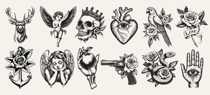 Naklejki Vintage gothic angelic art, element vector set