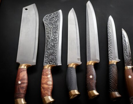 A set of hand-forged kitchen knives displayed on a table