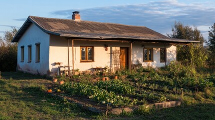 A rustic house with a garden under a beautiful blue sky
