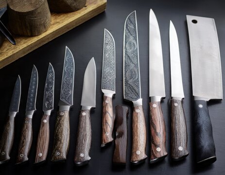 A set of hand-forged kitchen knives displayed on a table