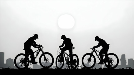 Obraz premium Silhouette Of Cyclists In Cityscape At Sunrise