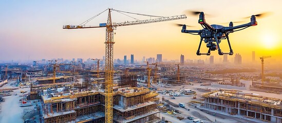 Naklejka premium Drone surveying a city construction site at dawn