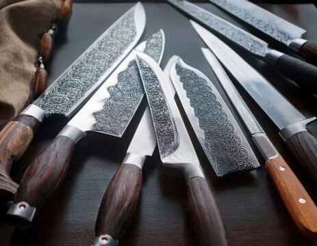 A set of hand-forged kitchen knives displayed on a table
