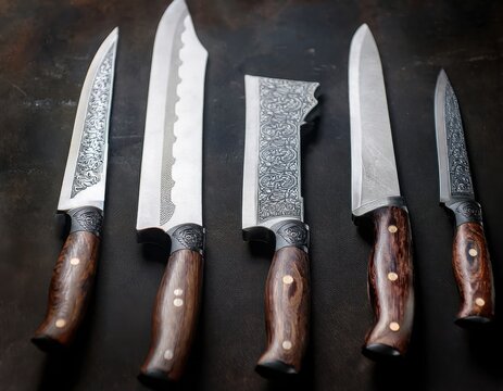 A set of hand-forged kitchen knives displayed on a table