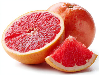Close up of a sliced grapefruit and a whole grapefruit on a surface