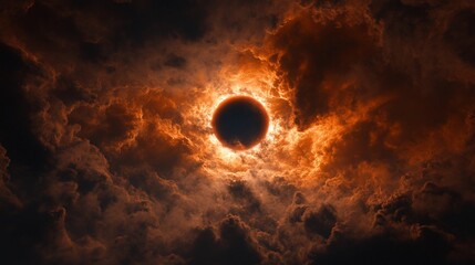 Dramatic Solar Eclipse: Fiery Clouds Embrace the Celestial Darkness