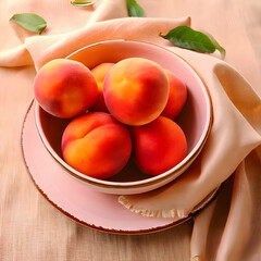 Juicy Ripe Peaches in Pink Bowl Summer Fruit Still Life Table Setting