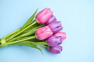 Obraz premium bouquet of purple and white tulips on a blue and pink background