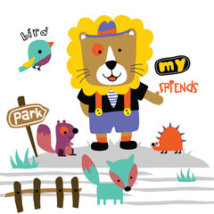 Cartoon lion with friends including a squirrel, bird, and fox in a park setting
