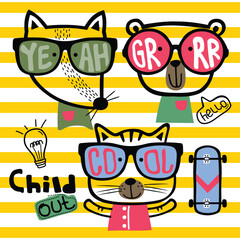 Cartoon animals wearing sunglasses with fun expressions, a cool theme for kids
