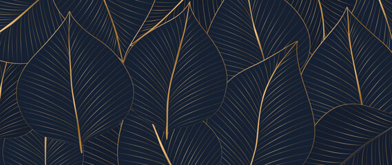Abstract art background with blue exotic leaves hand drawn in line style. Botanical banner for decor, print, textile, packaging, interior design, wallpaper, textile.