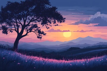 Vibrant Sunset Glow Over Rural Landscape. Tranquil Scenery with Lone Tree and Mountains