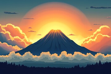 Majestic Mountain Volcano Sunset. Breathtaking Natural Landscape and Scenic Horizon View