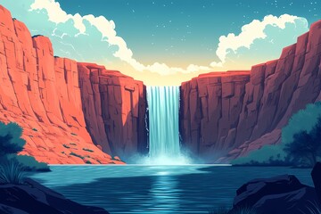 Dramatic Waterfall Landscape Illustration. Serene Nature Adventure in a Vibrant Wilderness