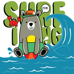Cute bear surfing with a crab on the beach with a fun wave in the background
