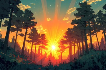 Vibrant Sunset Silhouette Over Forest Landscape. Nature's Artwork at Golden Hour