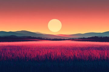 Sunset Landscape with Vibrant Colors in Twilight Sky Over Serene Fields and Mountains Scenic View