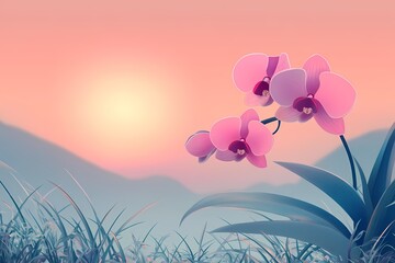 Beautiful Orchid Petals. Vibrant Colors and Serene Sunset Landscape in Digital Art