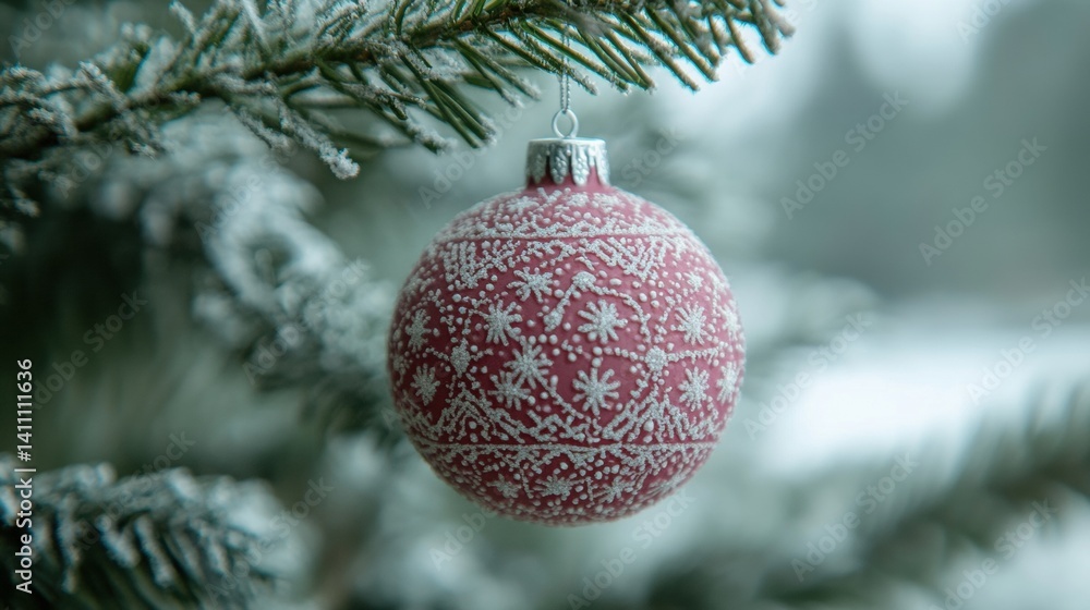 Poster a red ornament with white patterns dangles from a frosty tree branch amid a serene winter setting fi