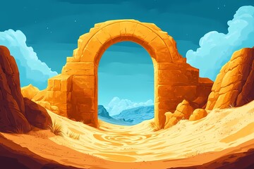 Desert Arch Digital Art. Scenic Sandstone Landscape with Vibrant Sky and Epic Rock Formations in Mystical Wilderness