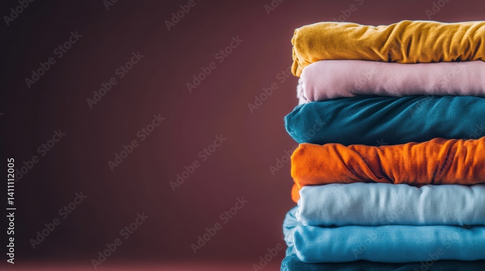 Poster soft, vibrant fabrics in various colors are neatly arranged in a tidy stack against a warm-toned bac