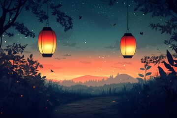 Decorative Lanterns Illuminate Tranquil Pathway at Sunset. Enchanting Twilight Landscape with Colorful Ambiance