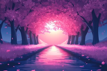Vibrant Cherry Blossom Sunset. Serene Path Through Whimsical Scenery. Fantasy Art & Nature Illustration