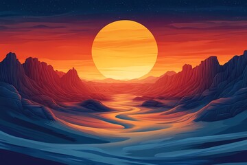Vibrant Sunset Over Mountains. A Dreamlike Abstract Digital Art Illustration with Pastel Colors and Beautiful Reflection in River Valley