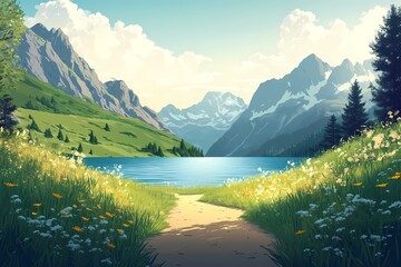 Tranquil Alpine Lake Sunset. Vibrant Wilderness Landscape with Blooming Wildflowers, Majestic Mountains, and Reflections in Serene Sky